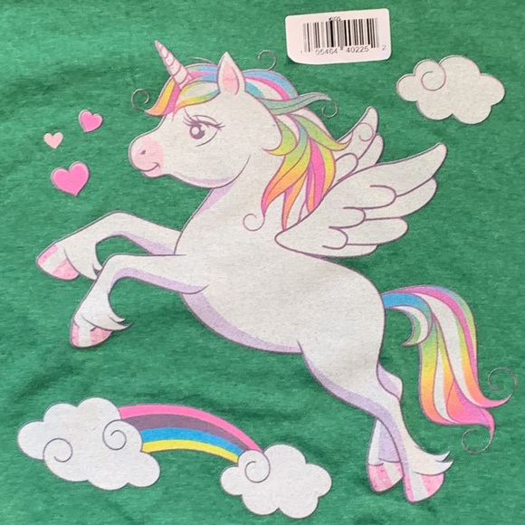 Green Unicorn Rainbow Top Kids Medium M Anvil Green T-shirt Short Sleeve New - Picture 2 of 5